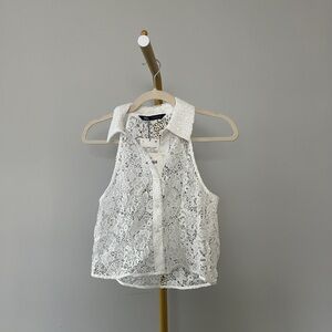 White Crochet Lace Sleeveless Blouse Collared